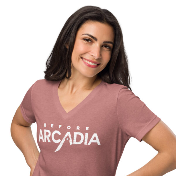 Before Arcadia Logo Women’s Relaxed V-Neck T-Shirt - Image 14