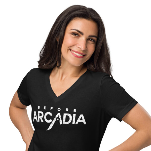 Before Arcadia Logo Women’s Relaxed V-Neck T-Shirt - Image 2